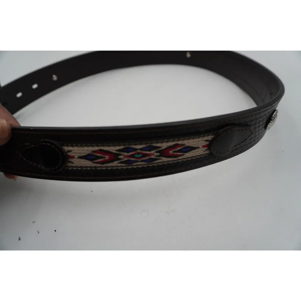 Western Men’s Leather Belt Sz M 34-36 Aztec Fabric Inlay & Silver Conchos Ranger